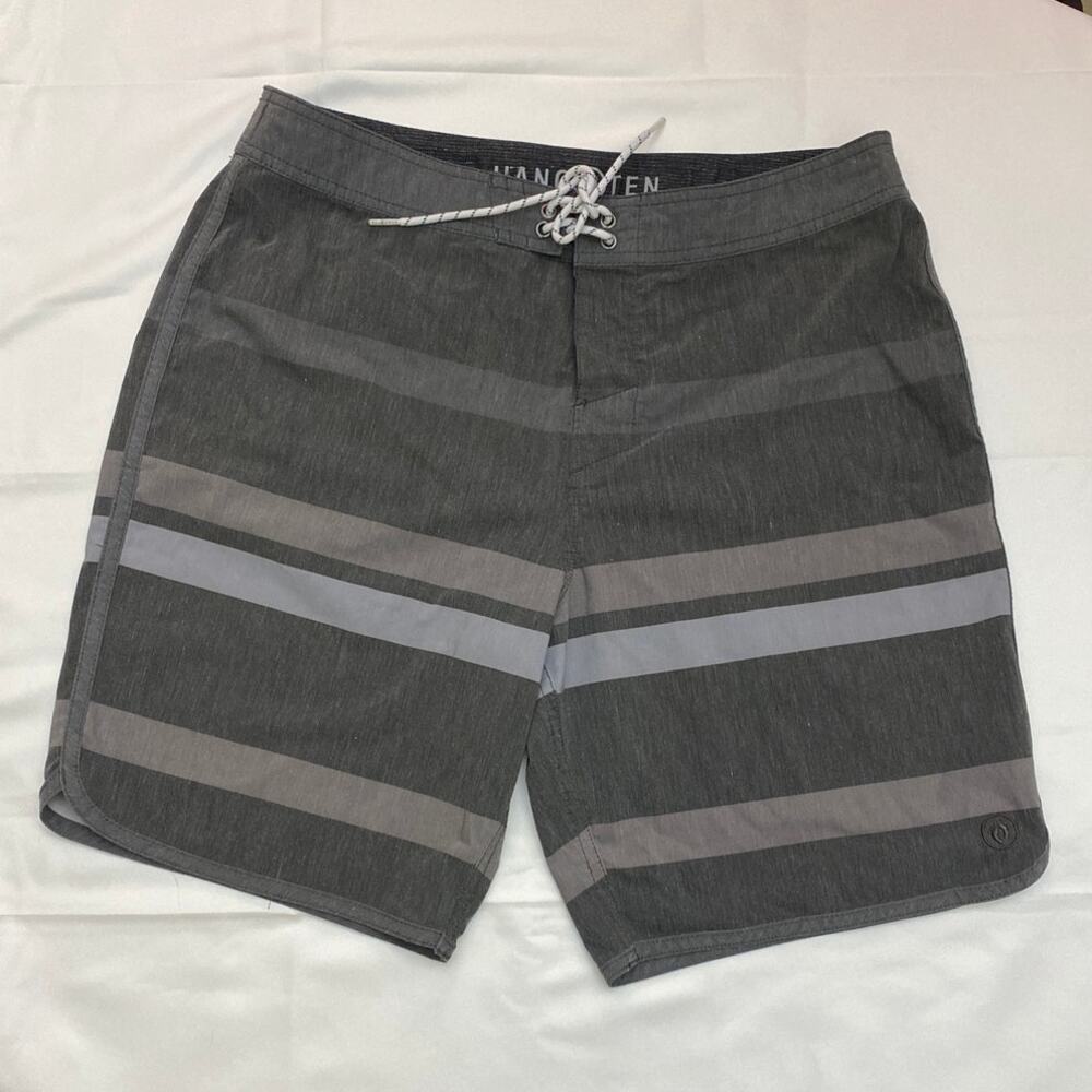 Hang Ten Board Shorts Swim Trunks Surf Gray Striped Size 34 Embroidered Logo